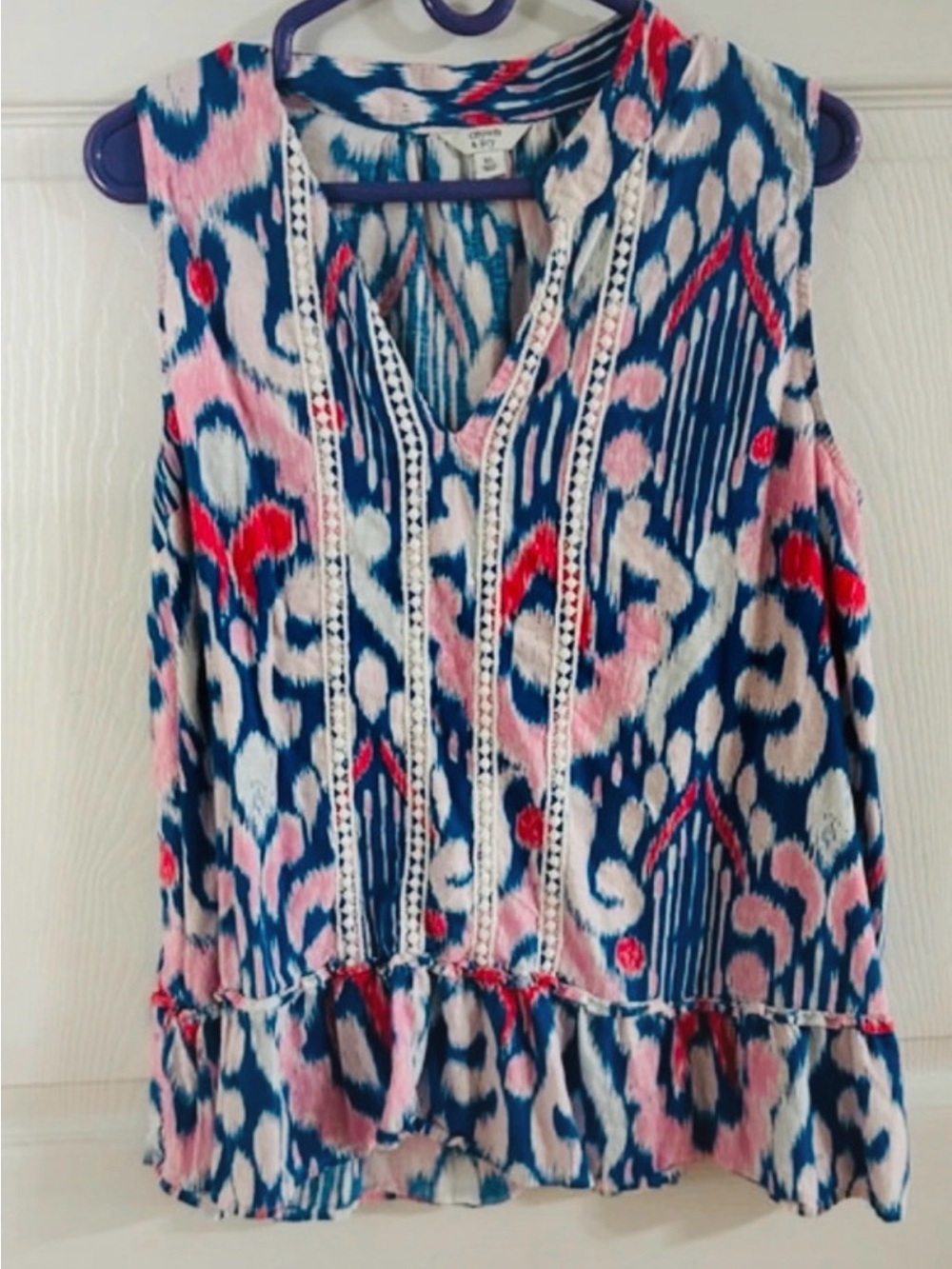 Sleeveless Printed Peasant Top in Navy, Pink & Red Women’s XL